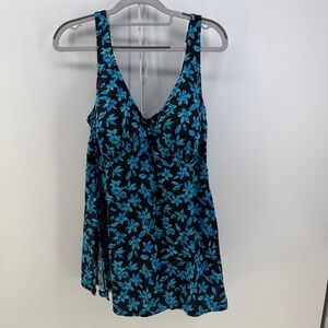 Maxine of Hollywood Swim Dress Womens 18W Black Blue Floral Retro Modest Beach